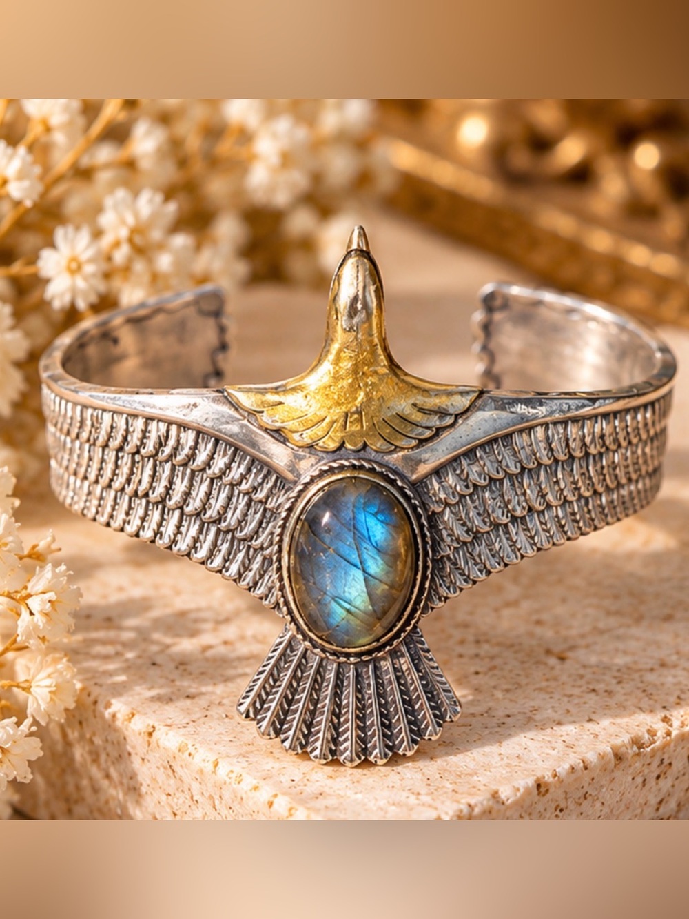 Boho sterling Silver & Gold Eagle Cuff Bracelet with Blue Labradorite
